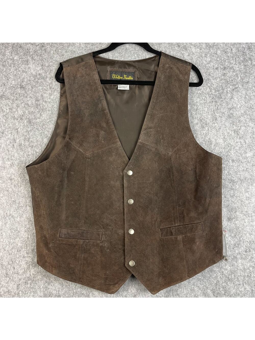 Western Frontier Leather Vest‎ Mens Large Brown Button Front Cowboy Rodeo